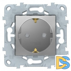 Розетка 1-ая электрическая, с заземлением и защитными шторками(винтовой зажим), Алюминий, серия Unica New, Schneider Electric