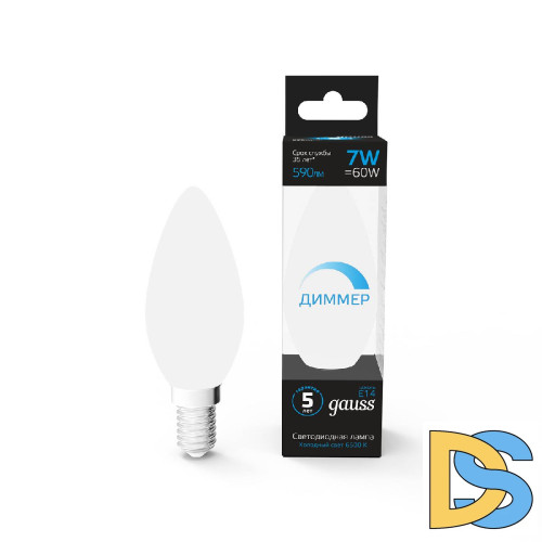 Лампа светодиодная диммируемая Gauss E14 7W 6500K свеча матовая 103101307-D