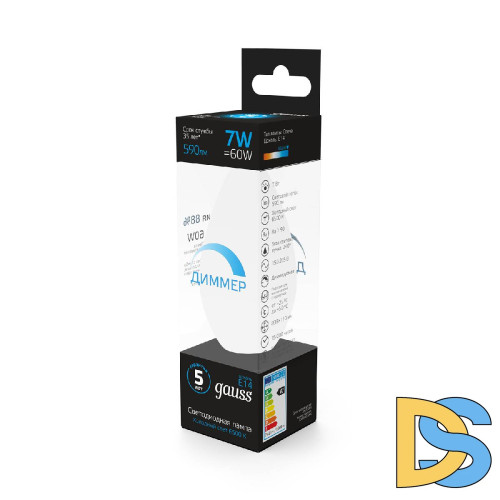 Лампа светодиодная диммируемая Gauss E14 7W 6500K свеча матовая 103101307-D
