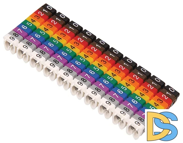 Маркеры кабельные (клипсы) для кабеля 4-6 мм цифры от 0 до 9 10 цветов