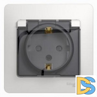 Розетка 1-ая электрическая, с заземлением, крышкой IР44, влагозащищенная, Белый, серия Glossa, Schneider Electric
