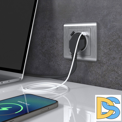 Розетка с заземлением, шторками и USB тип A+C Werkel (серебряный рифленый ) W1171709