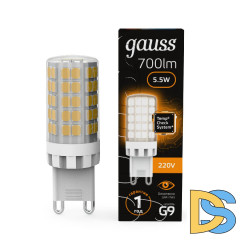 Лампа светодиодная Gauss G9 5,5W 3000К прозрачная 107009106