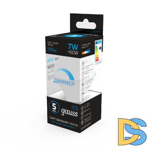 Лампа светодиодная диммируемая Gauss E14 7W 6500K шар матовый 105101307-D