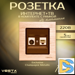 Розетка для сетевого кабеля LAN + TV в рамке из алюминия Vesta-Electric Exclusive Champagne Metallic