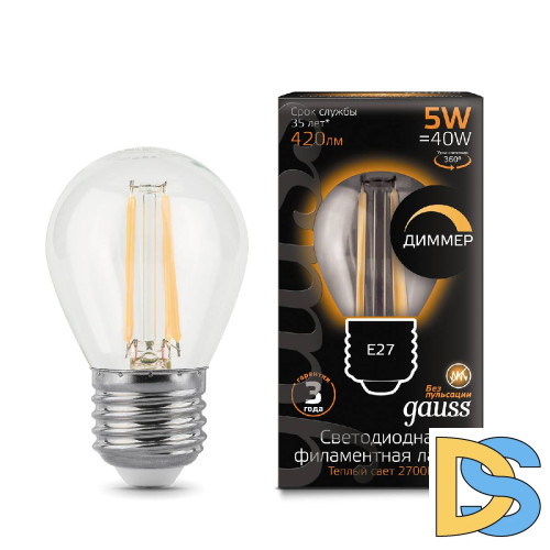 Лампа светодиодная диммируемая Gauss филаментная E27 5W 2700К прозрачная 105802105-D