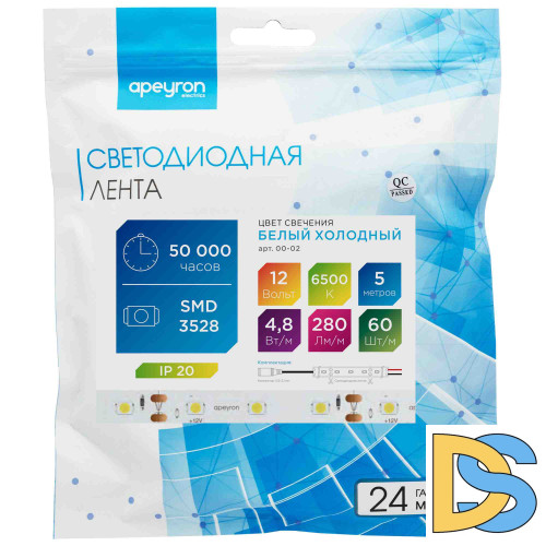 Светодиодная лента Apeyron 12В СТ 4,8Вт/м smd3528, 60д/м IP20 280Лм/м 5м 6500К 00-02