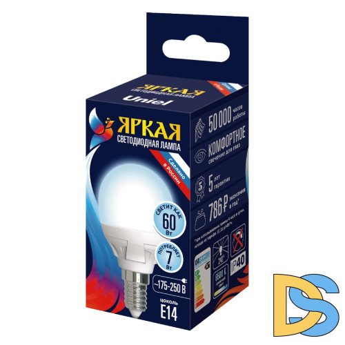 Лампа светодиодная Uniel LED-G45 7W/6500K/E14/FR PLP01WH UL-00011018
