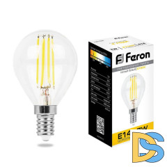 Лампа светодиодная филаментная Feron E14 7W 2700K Шар Прозрачная LB-52 25874