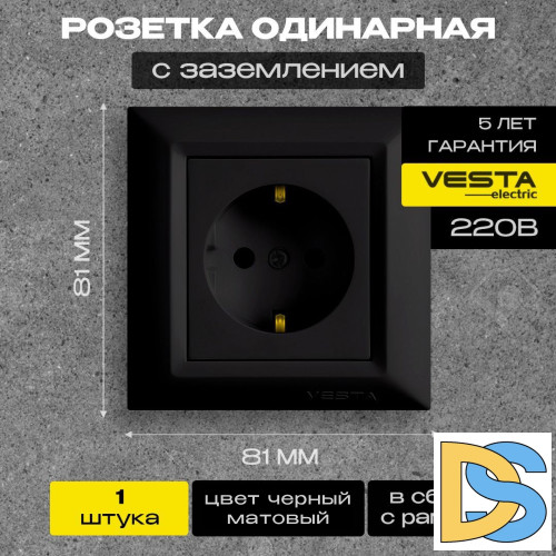 Розетка одинарная с заземлением черная Vesta-Electric Roma Black