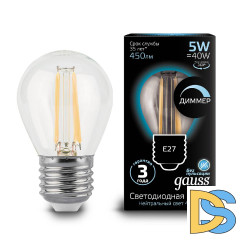 Лампа светодиодная диммируемая Gauss филаментная E27 5W 4100К прозрачная 105802205-D
