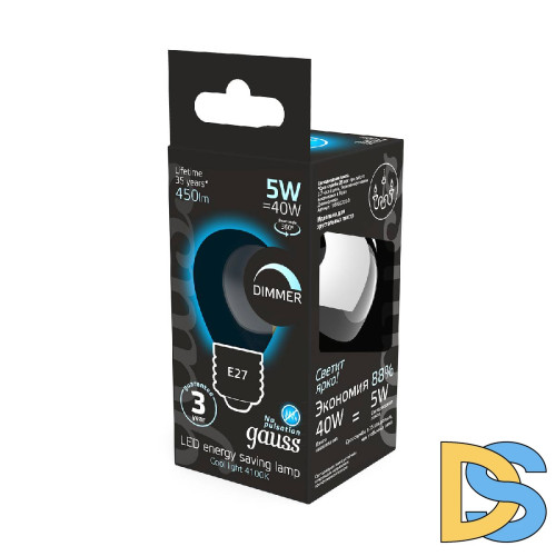 Лампа светодиодная диммируемая Gauss филаментная E27 5W 4100К прозрачная 105802205-D