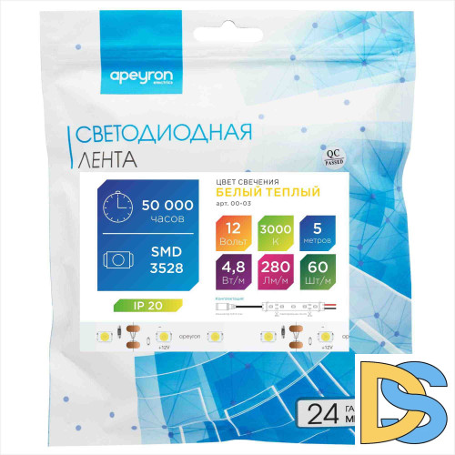 Светодиодная лента Apeyron 12В СТ 4,8Вт/м smd3528, 60д/м IP20 280Лм/м 5м 3000К 00-03