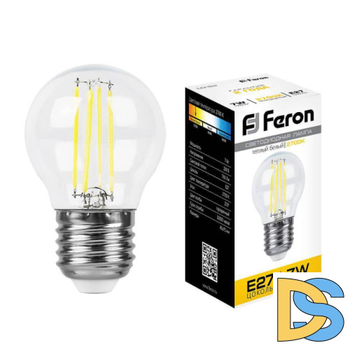 Лампа светодиодная филаментная Feron E27 7W 2700K Шар Прозрачная LB-52 25876