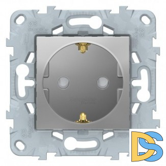 Розетка 1-ая электрическая, с заземлением и защитными шторками(безвинтовой зажим), Алюминий, серия Unica New, Schneider Electric