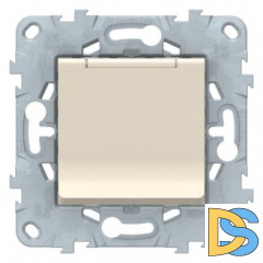 Розетка 1-ая электрическая, с заземлением и крышкой, защитными шторками, Бежевый, серия Unica New, Schneider Electric