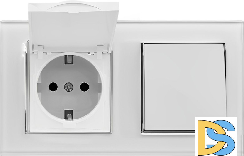 Блок с рамкой из закаленного стекла Выключатель 1-клавишный + Розетка с заземлением с крышкой Vesta-Electric Exclusive White