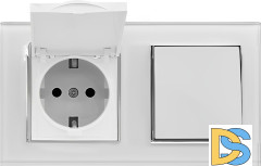 Блок с рамкой из закаленного стекла Выключатель 1-клавишный + Розетка с заземлением с крышкой Vesta-Electric Exclusive White