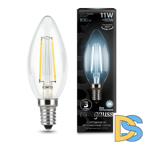 Лампа светодиодная филаментная Gauss E14 11W 4100К прозрачная 103801211