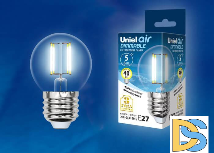 Лампа светодиодная филаментная (UL-00002871) Uniel E27 5W 4000K LED-G45-5W/NW/E27/CL/DIM GLA01TR