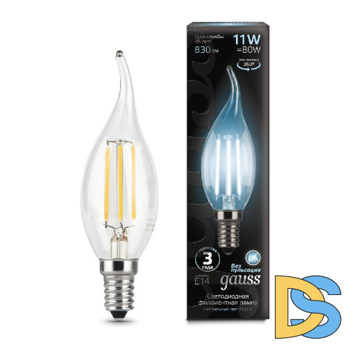 Лампа светодиодная филаментная Gauss E14 11W 4100К прозрачная 104801211