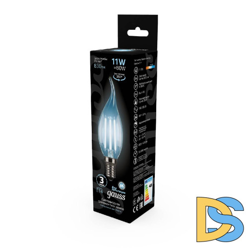 Лампа светодиодная филаментная Gauss E14 11W 4100К прозрачная 104801211