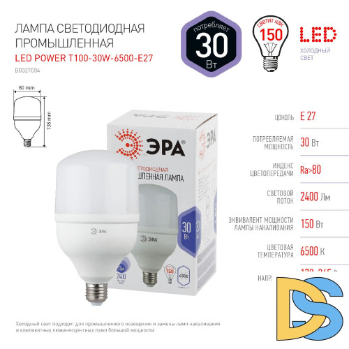 Лампа светодиодная Эра E27 30W 6500K LED POWER T100-30W-6500-E27 Б0027004