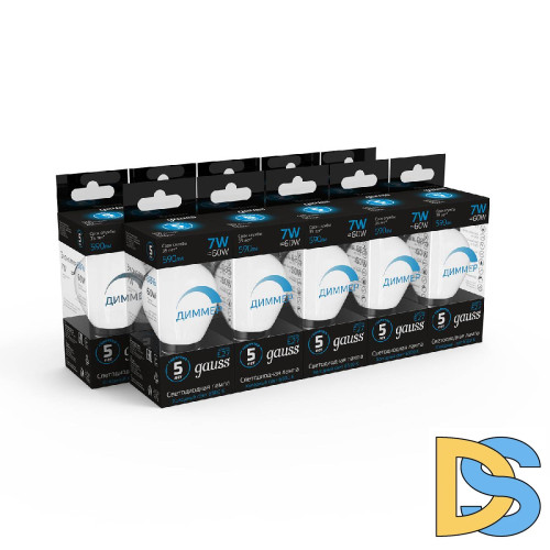 Лампа светодиодная диммируемая Gauss E27 7W 6500K шар матовый 105102307-D