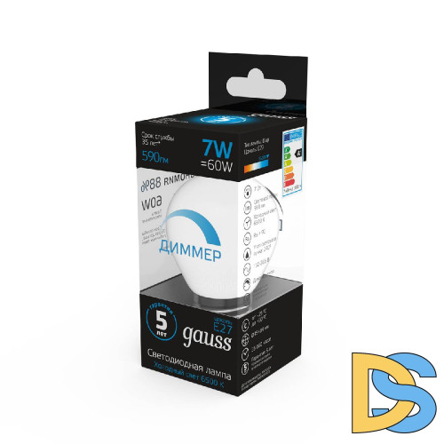 Лампа светодиодная диммируемая Gauss E27 7W 6500K шар матовый 105102307-D