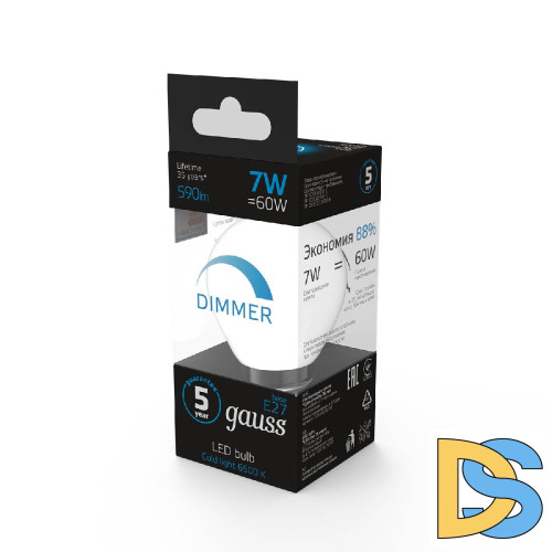 Лампа светодиодная диммируемая Gauss E27 7W 6500K шар матовый 105102307-D