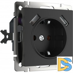 Розетка с заземлением, шторками и USBх2 (черный матовый) W1171508