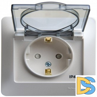 Розетка 1-ая электрическая, с заземлением, крышкой IР44, влагозащищенная, Перламутр, серия Glossa, Schneider Electric