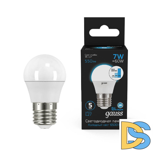 Лампа светодиодная диммируемая Gauss E27 7W 6500K шар матовый 105102307-S