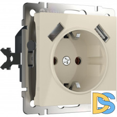 Розетка с заземлением, шторками и USBх2 (слоновая кость) W1171503
