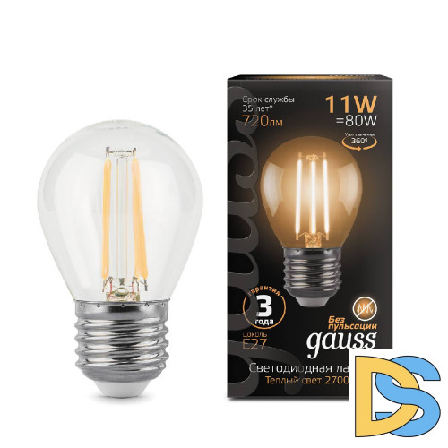 Лампа светодиодная филаментная Gauss E27 11W 2700K прозрачная 105802111