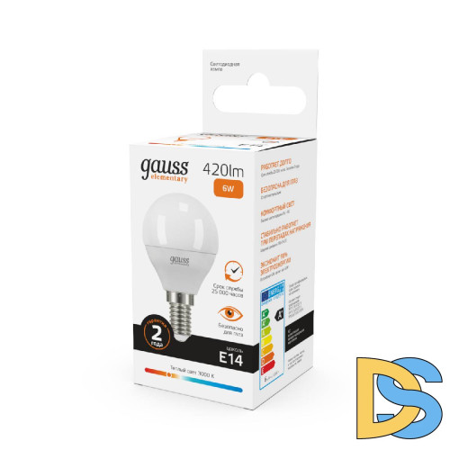 Лампа светодиодная Gauss E14 6W 3000K шар матовый 53116
