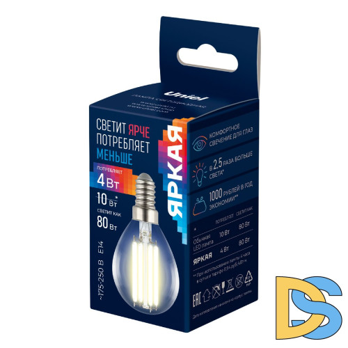 Лампа светодиодная филаментная Uniel LED-G45-4W/3000K/E14/CL GLY01TR UL-00011938