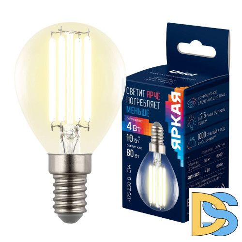 Лампа светодиодная филаментная Uniel LED-G45-4W/3000K/E14/CL GLY01TR UL-00011938