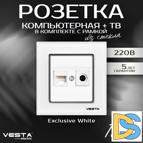 Розетка для сетевого кабеля LAN + TV в рамке из закаленного стекла белая Vesta-Electric Exclusive White
