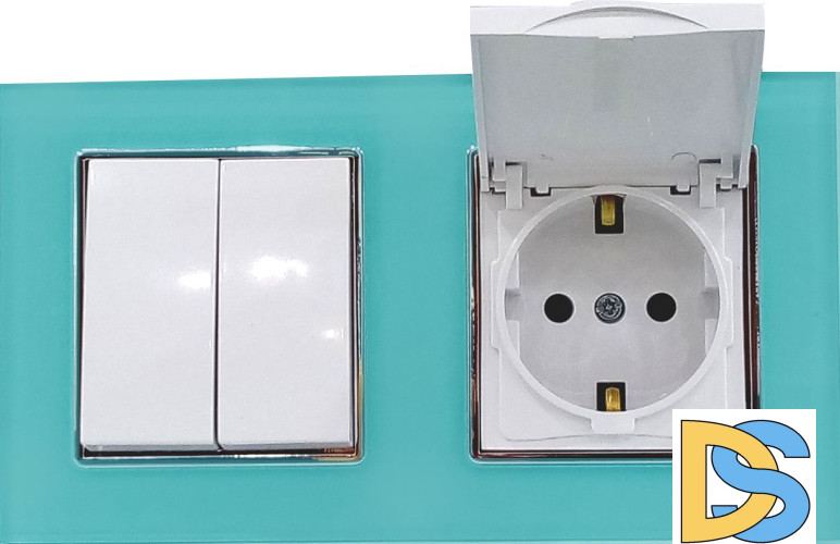 Блок в рамке из закаленного стекла Выключатель 2-клавишный + Розетка с заземлением с крышкой Vesta-Electric Exclusive Blue