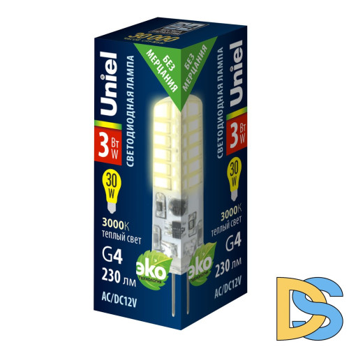 Лампа светодиодная Uniel G4 3W 3000K прозрачная LED-JC-12/3W/3000K/G4/CL SIZ05TR UL-00010366