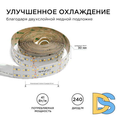 Светодиодная лента Apeyron 24В ПРО 42Вт/м smd2835 240д/м IP20 4200Лм/м 5м 4000К 00-316