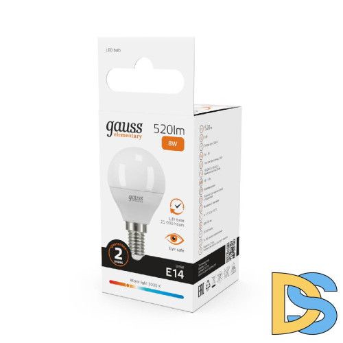 Лампа светодиодная Gauss E14 8W 3000K шар матовый 53118