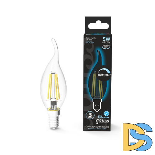 Лампа светодиодная диммируемая Gauss филаментная E14 5W 4100К прозрачная 104801205-D