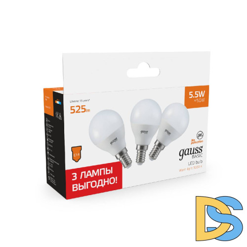 Лампа светодиодная Gauss Basic E14 5,5W 3000K 10531152T