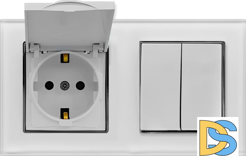 Блок с рамкой из закаленного стекла Выключатель 2-клавишный + Розетка с заземлением с крышкой Vesta-Electric Exclusive White