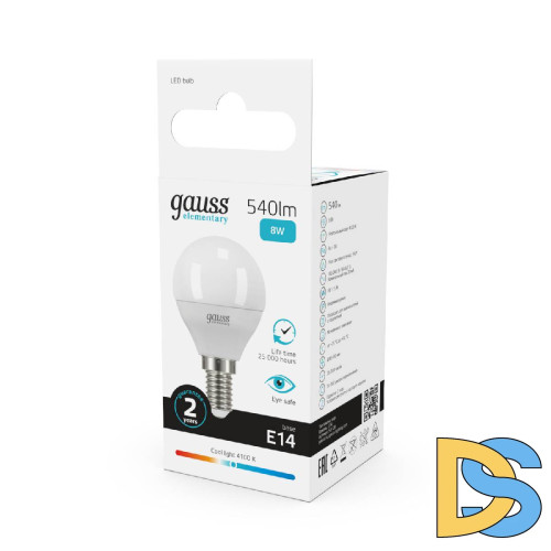 Лампа светодиодная Gauss E14 8W 4100K шар матовый 53128