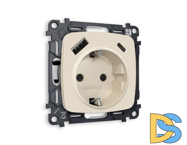 Комплект механизма розетки 2USB A+C 20W (быстрая зарядка) с/з Ambrella Volt Omega MO330010