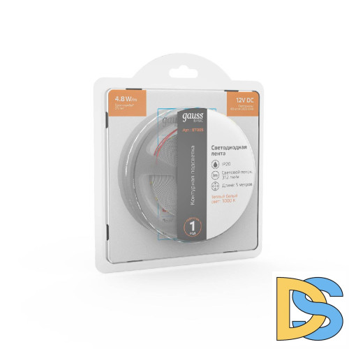Светодиодная лента Gauss 12В 2835 4,8Вт/м 3000K 5м IP20 BT005