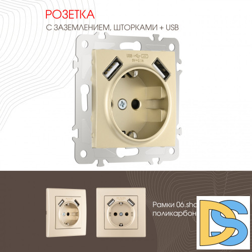 Розетка с заземлением, шторками + 2 USB Arte Milano 206.47-1.shampan